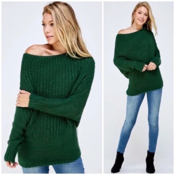 Sweaters - Hunter Green Soft Fuzzy Off The Shoulder Pullover Knit Holiday Casual Sweater